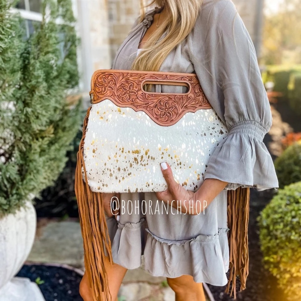 Tooled Leather Cowhide Fringe Tassel clutch crossbody purse bag gold specs